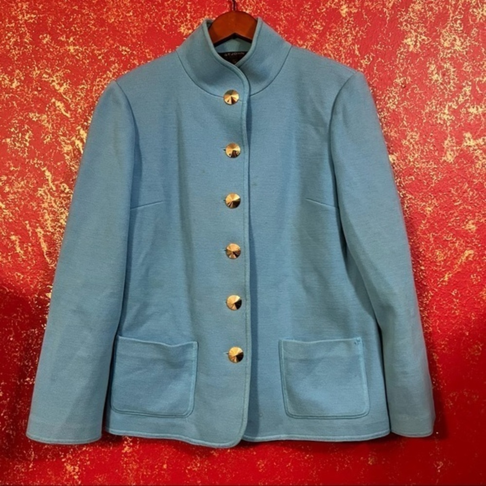 ST. JOHN Baby Blue Gold Stud Buttons Wool Blazer Jacket 10